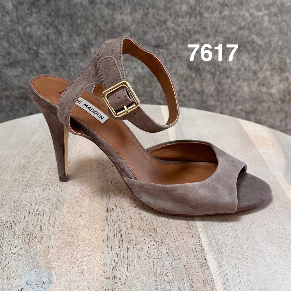 Steve Madden STOWICK Taupe Suede Peep Toe Ankle Strap Stiletto Heels Womens 9.5M